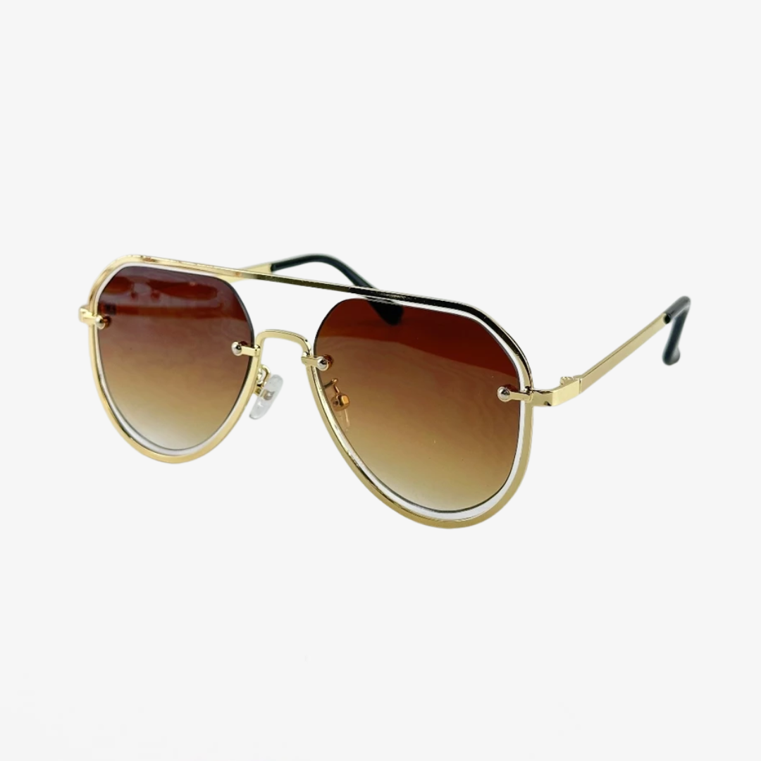 Óculos de Sol Feminino Redondo Marrom com Armação Dourada e Preta - OSF05